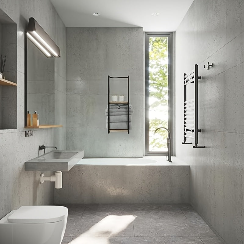 Estante moderno de metal y madera para toallas y artículos esenciales en el baño