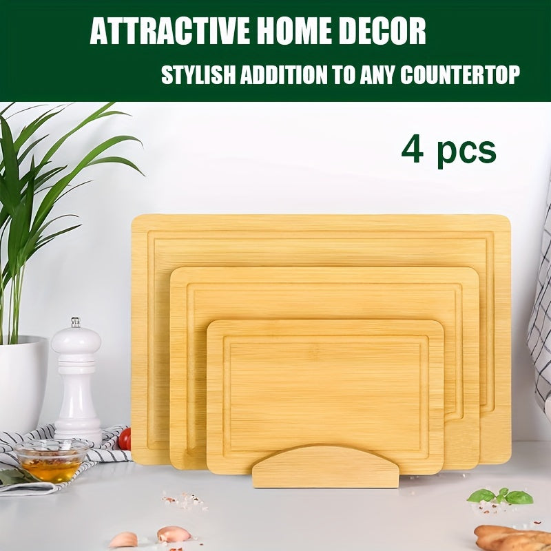 Set of 4 Bamboo Cutting Boards with Holder for Fruits Vegetables and Meats
