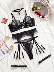 Women's Floral Lace Lingerie Set with Strappy Bra Thong and Garter Belt
