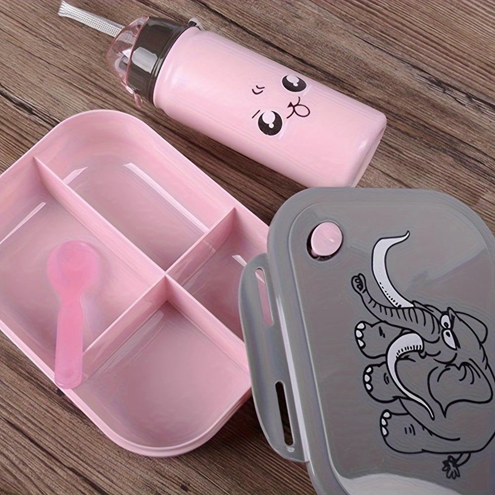 Cartoon Elephant Lunch Box Set with Water Bottle and Spoon Plastic Rectangle Shape