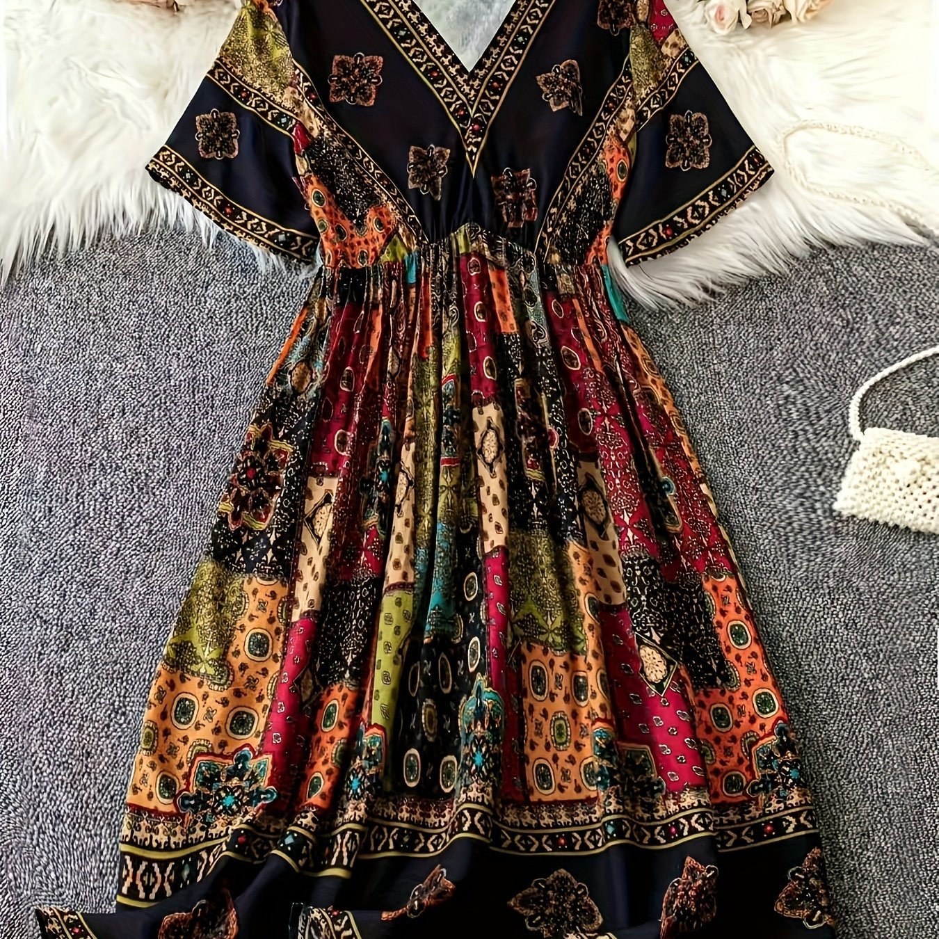 Plus Size V-Neck Dress with Geometric Print Short Sleeve Casual Summer