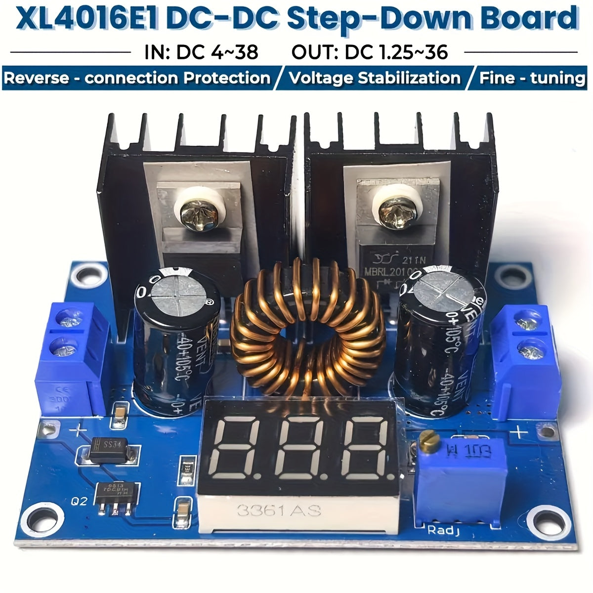Raqamli displey bilan sozlanadigan DC-DC bosqichli pastga aylantiruvchi modul 36V 8A