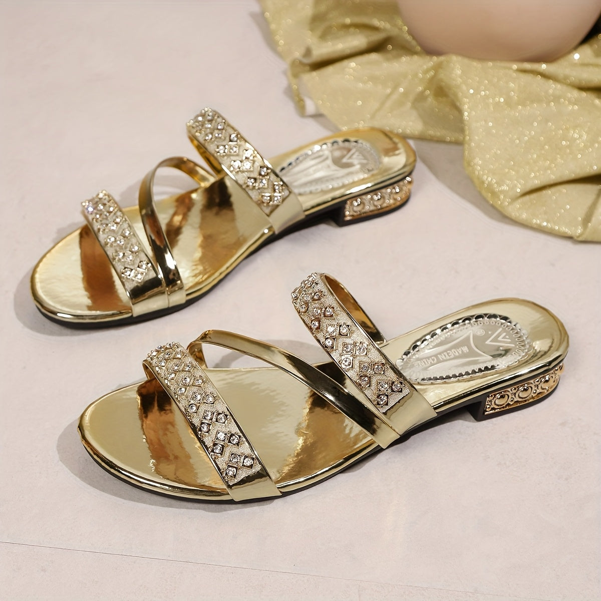Women’s Gold Tone Satin Slide Sandals with Rhinestones Open Toe