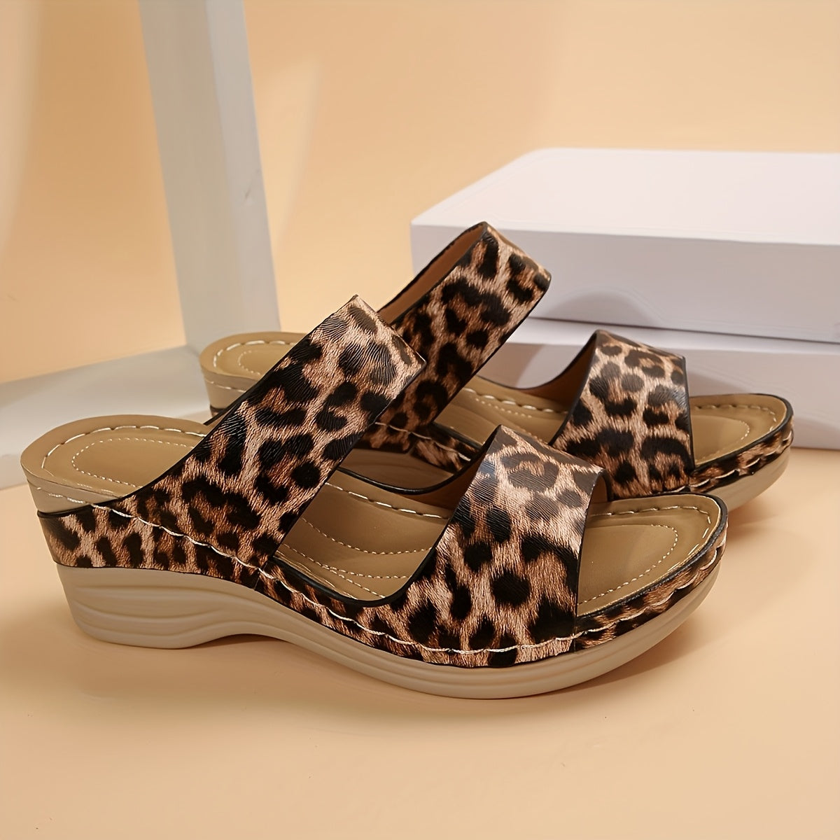 Women's Leopard Print Platform Sandals Open Toe Wedge Cushioned Insole