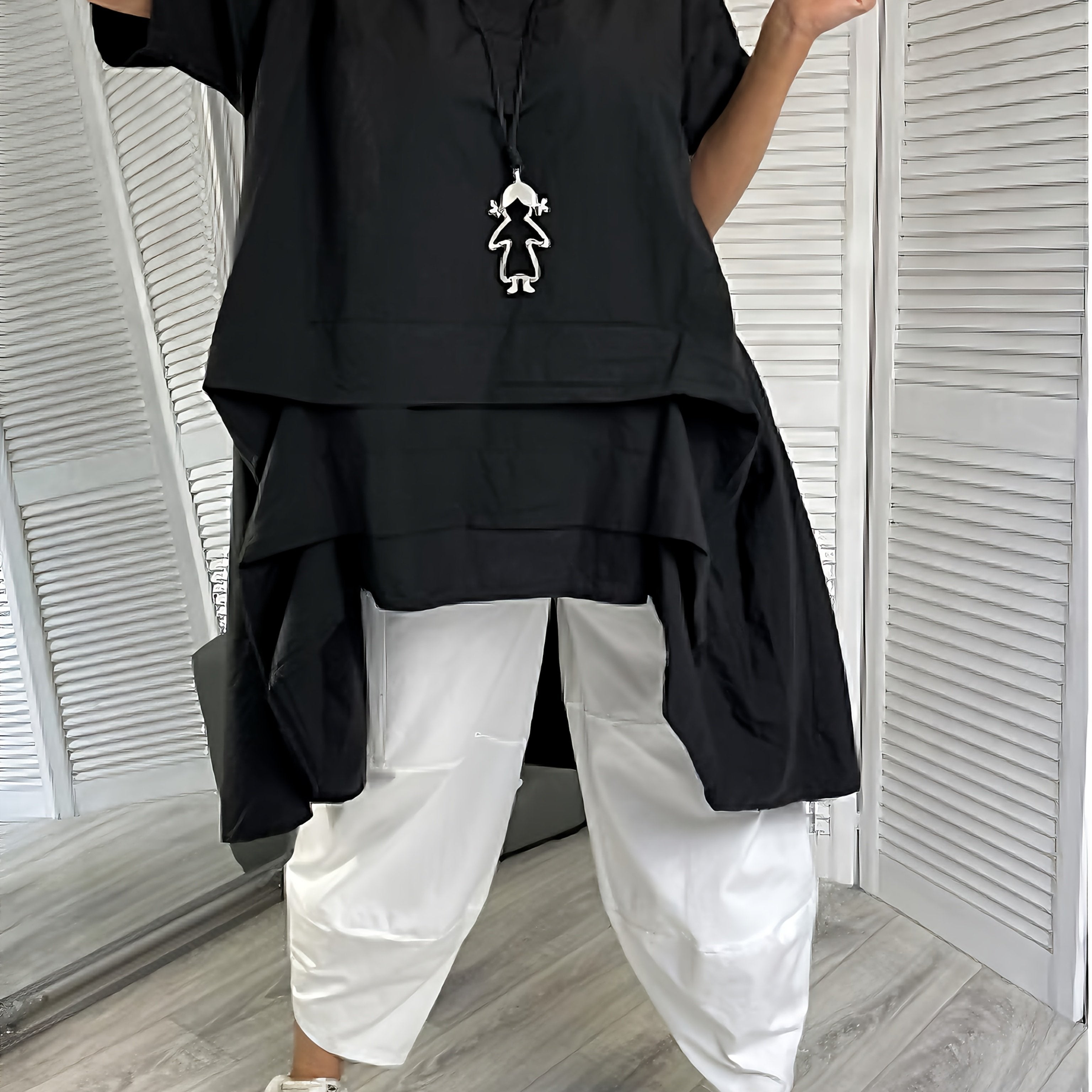 Plus Size Women's Casual Loose-Fit Cropped Short Sleeve Top Black Multi-Layer Hem