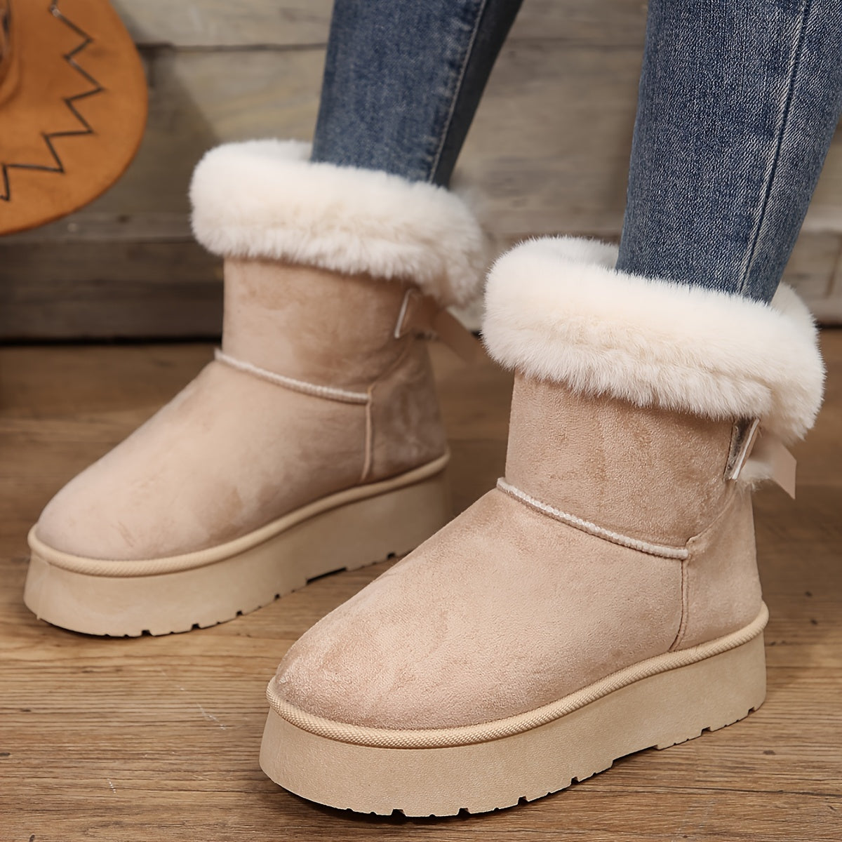 Women Fleece-Lined Mid-Calf Snow Boots with Thick Platform, Brown