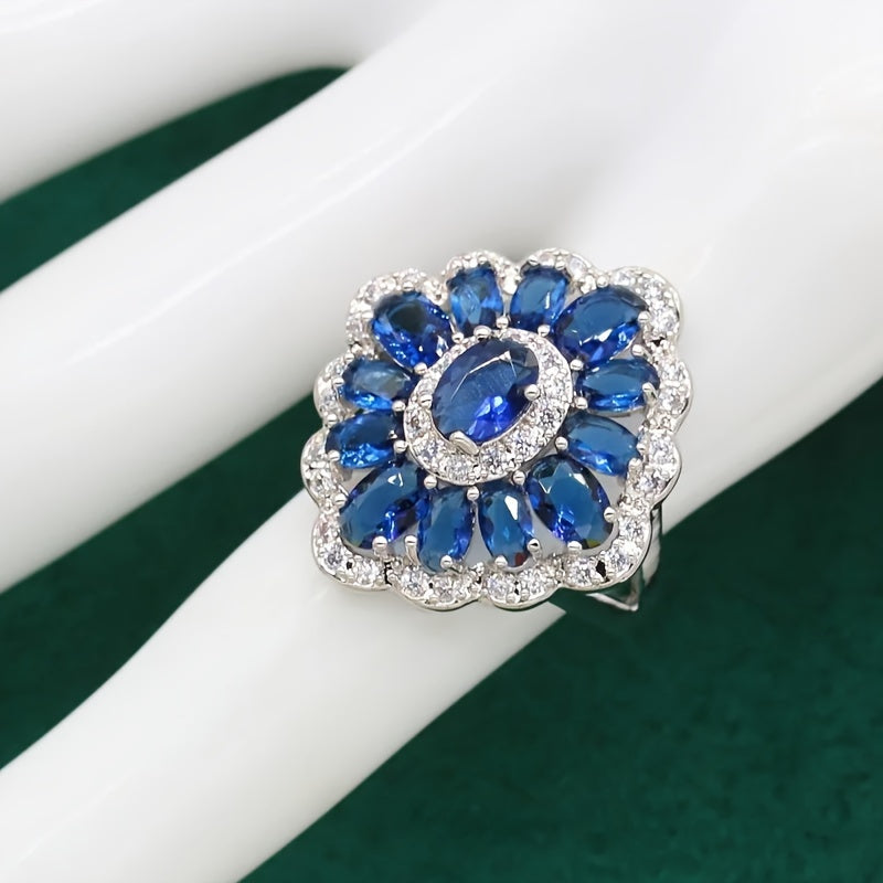 Conjunto de joyería nupcial con zirconia cúbica azul, collar, pendientes y anillo en cobre chapado en oro blanco