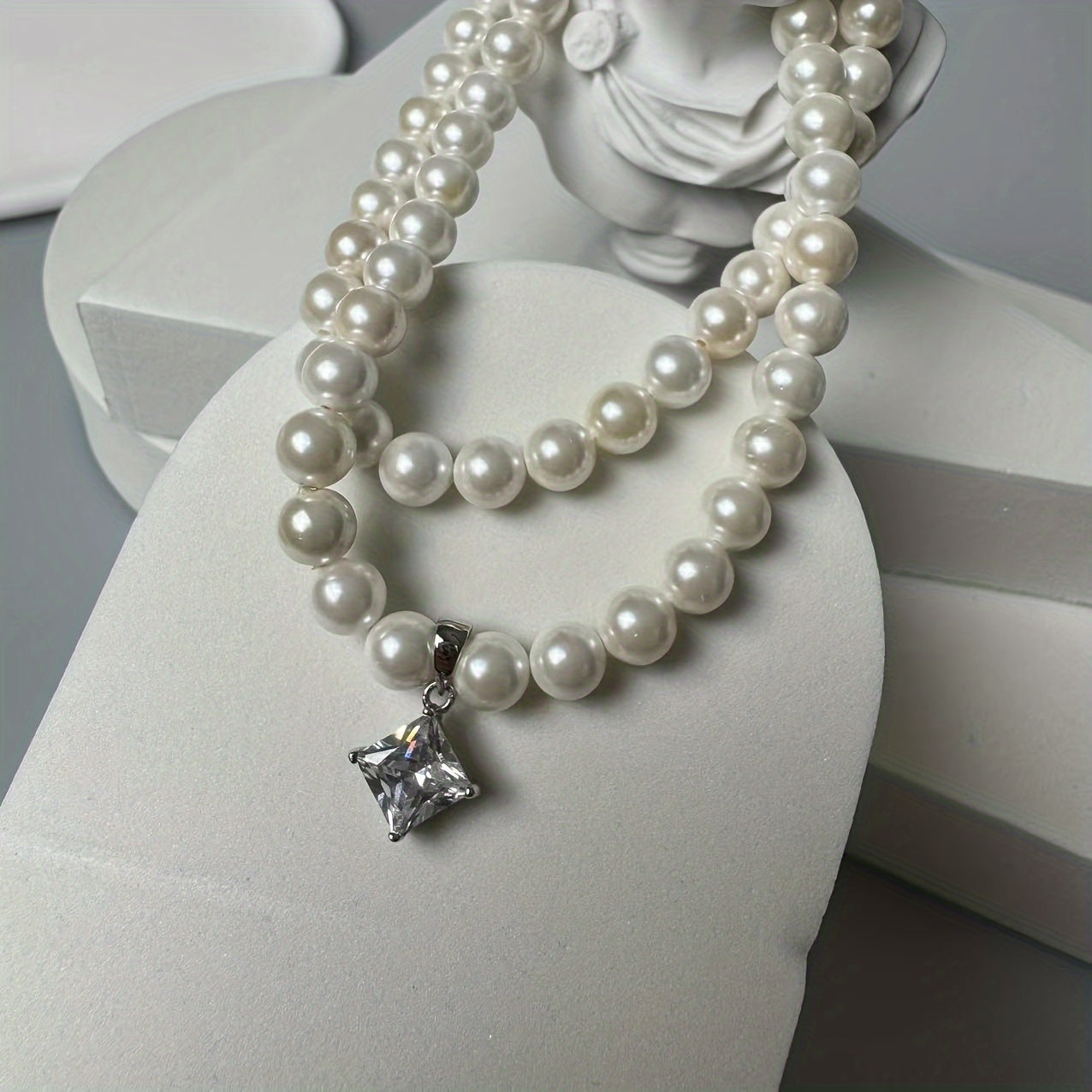 Princess Cut Pendant Necklace with Natural Pearl Beads and Moissanite in Sterling Silver and Gold Plating