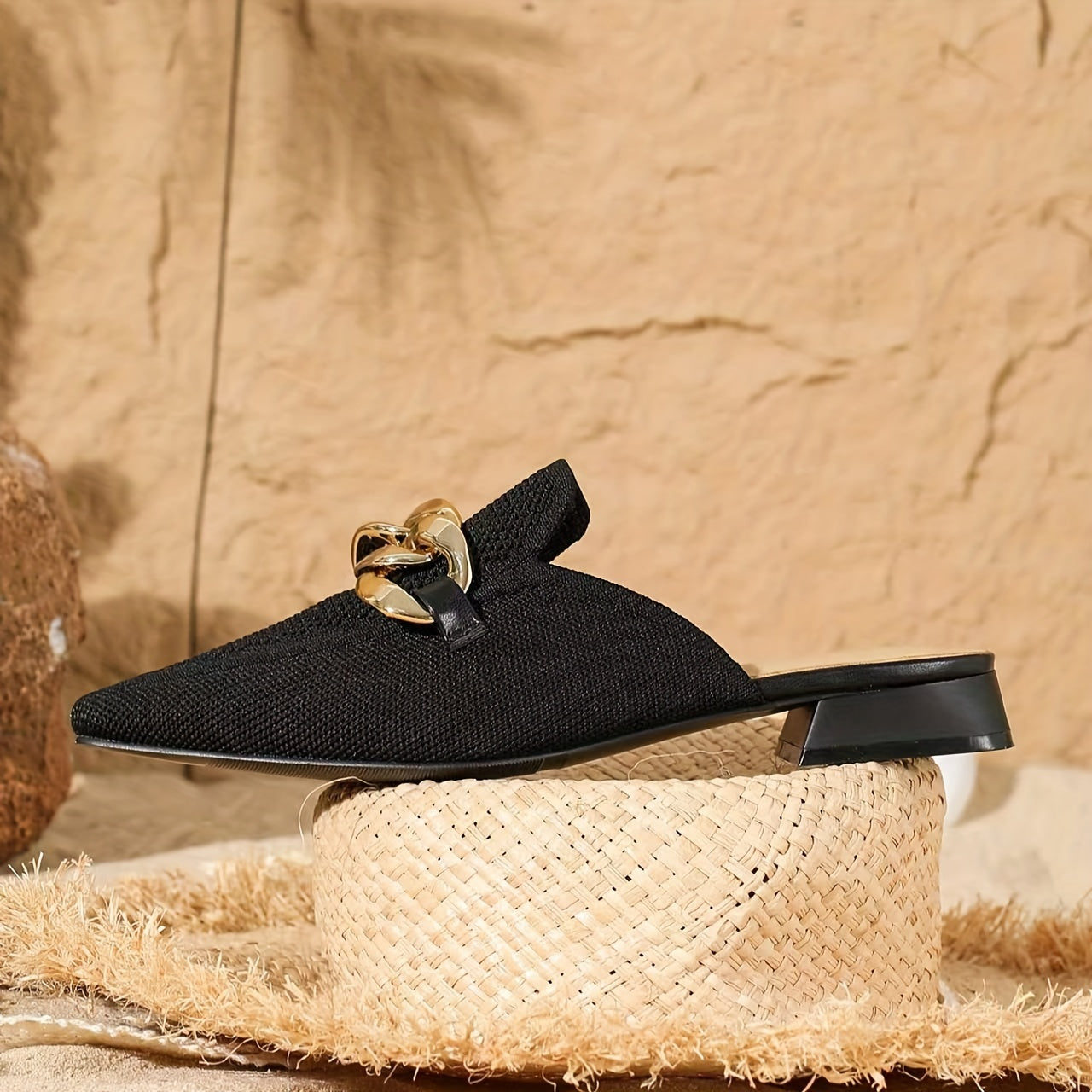 Women's Knitted Mules with Metallic Chain, Breathable Slip-On Shoes