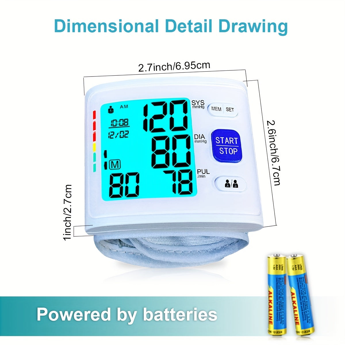 Digital Wrist Blood Pressure Monitor White Gray 2x90 Readings Battery Powered