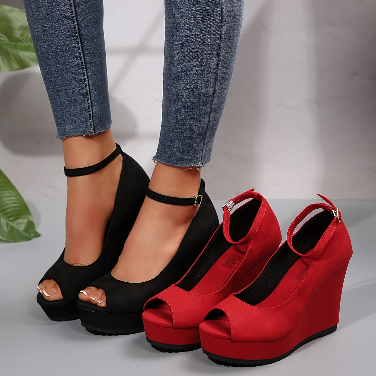 Women's Ankle Strap Platform Heels Open Toe Sandals Black Red Durable Footwear
