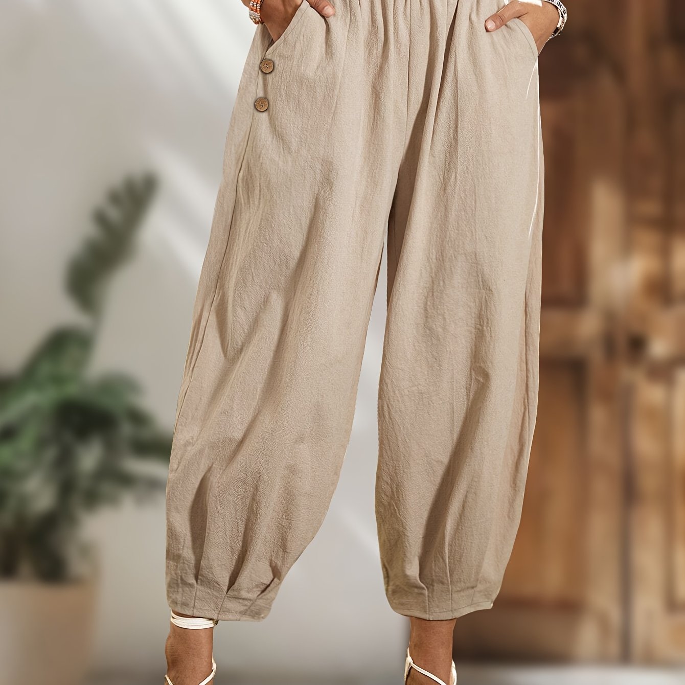 Plus Size Tapered Cotton Pants Pleated Button Hem Ladies' Fashion