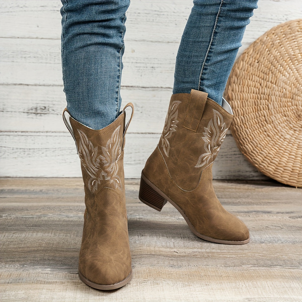 Women's Floral Ankle Boots Slip-On Mid-Heel Casual Faux Leather All-Season