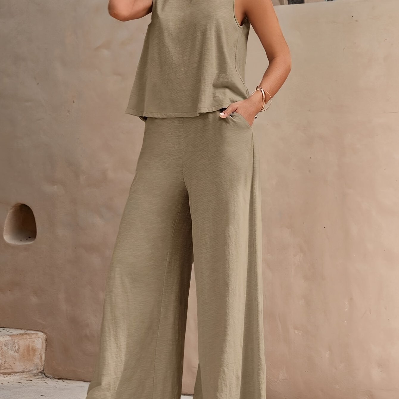 Women's Two-Piece Outfit Set Sleeveless Tank Top Wide Leg Pants Solid Polyester Spring Summer