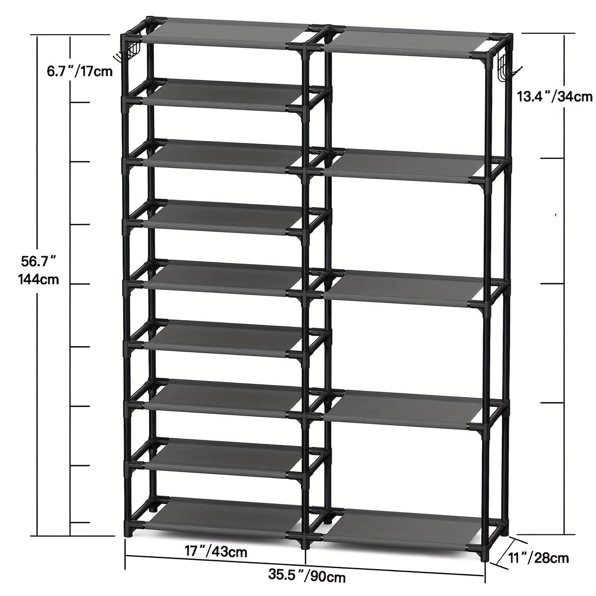Black Shoe Rack Tall Storage Organizer for Garage Holds 24-35 Pairs with Hooks