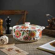 Ceramic Traditional Chinese Style Soup Pot with Double Handles Floral Pattern and Lid