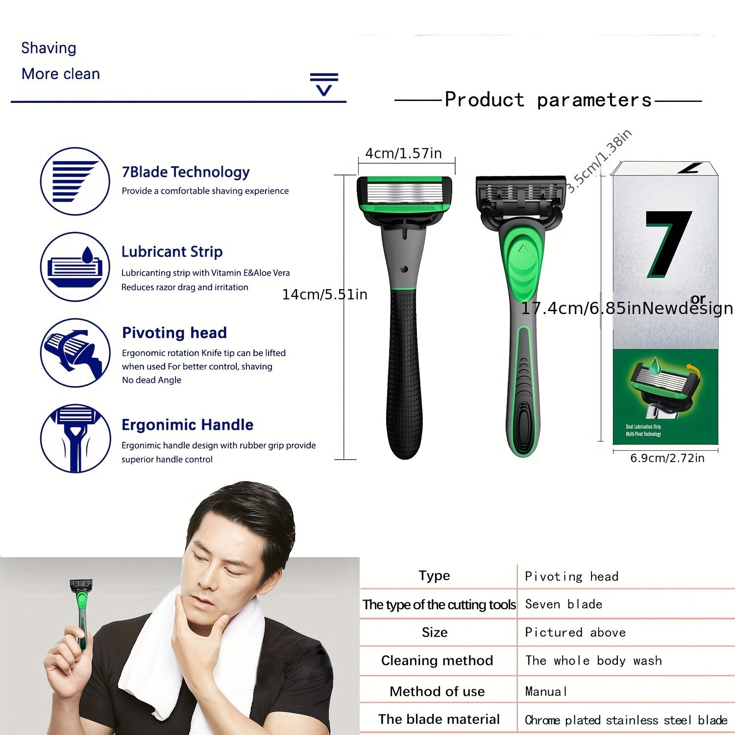 7-Blade Silicone Handle Razor with Stainless Steel Chrome Blades for Shaving Kit