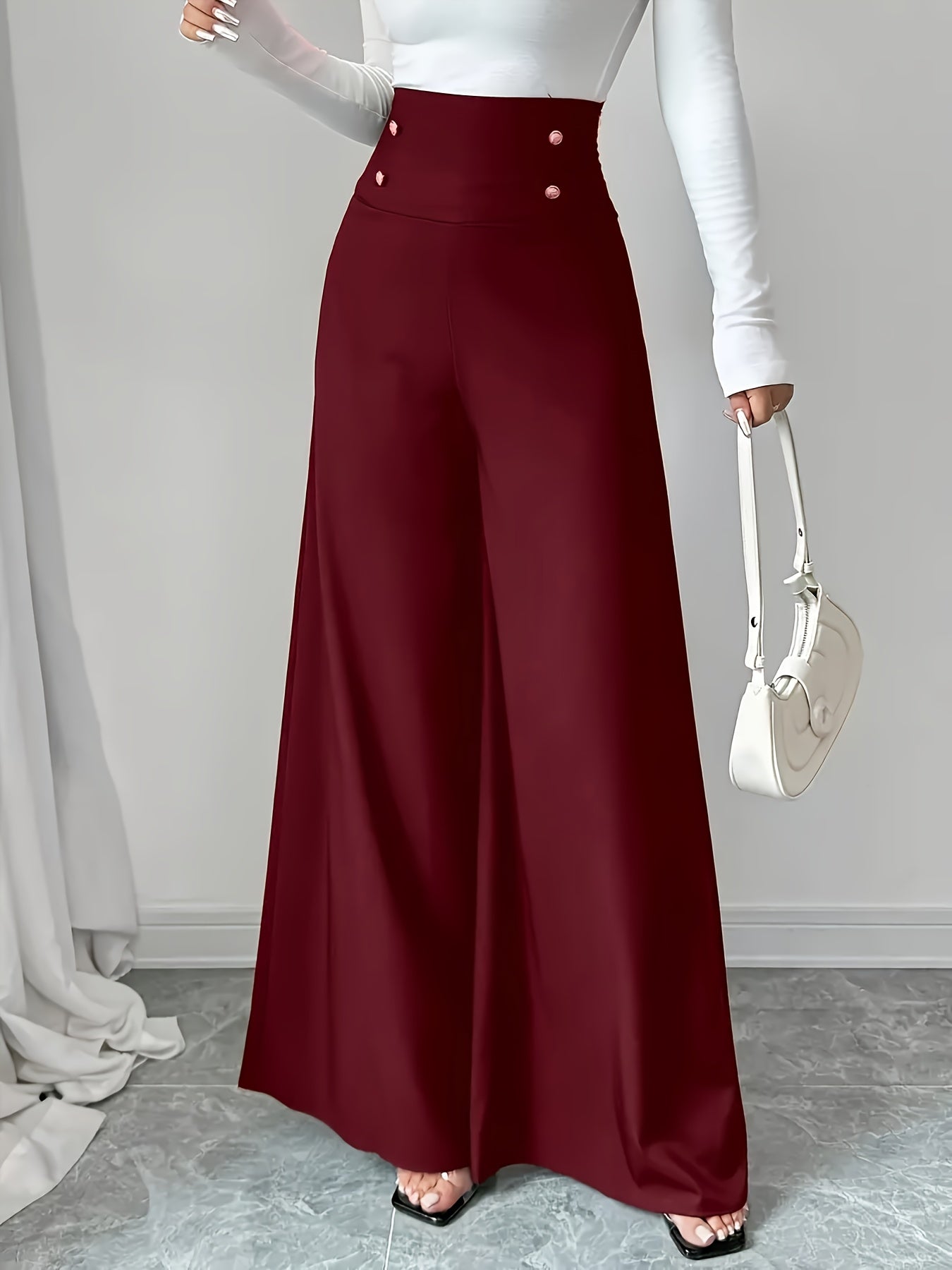 Women's Plus Size High-Waist Tummy Control Wide Leg Pants Polyester Knit Solid Color