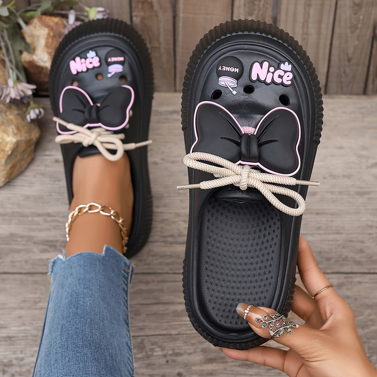 Women's EVA Mules with Bow Detail Casual Beach Slide Sandals White Pink