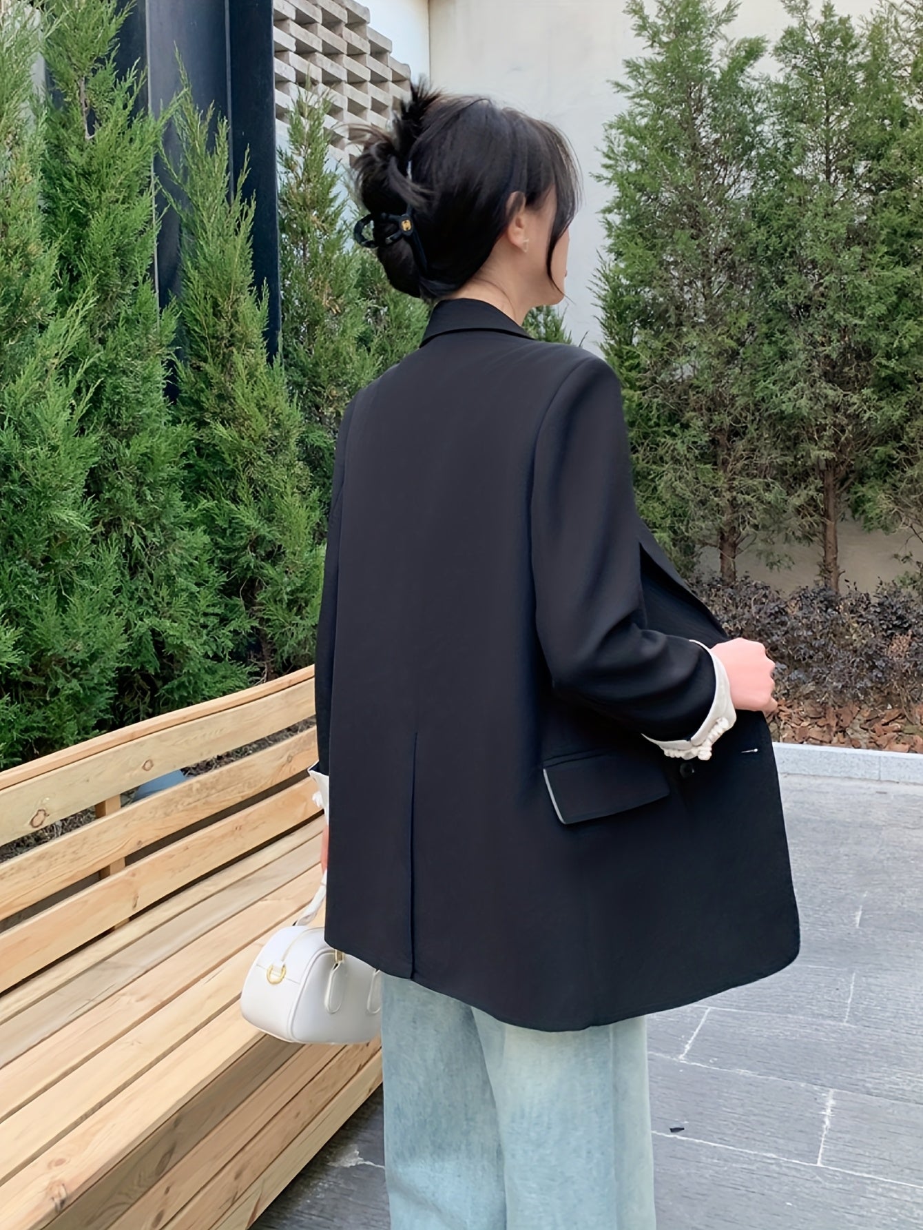 Women Plus Size Light Pink Double-Breasted Blazer Long Sleeve Office Casual