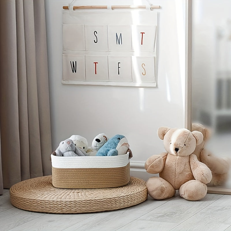 Qo'l bilan to'qilgan saqlash savati, hammomda, yotoqxona, yotoqxonada yoki ofisda turli xil narsalar, kosmetikalar, o'yinchoqlar va atıştırmalıklarni tartibga solish uchun. Bezakli va yig'iladigan dizayn.