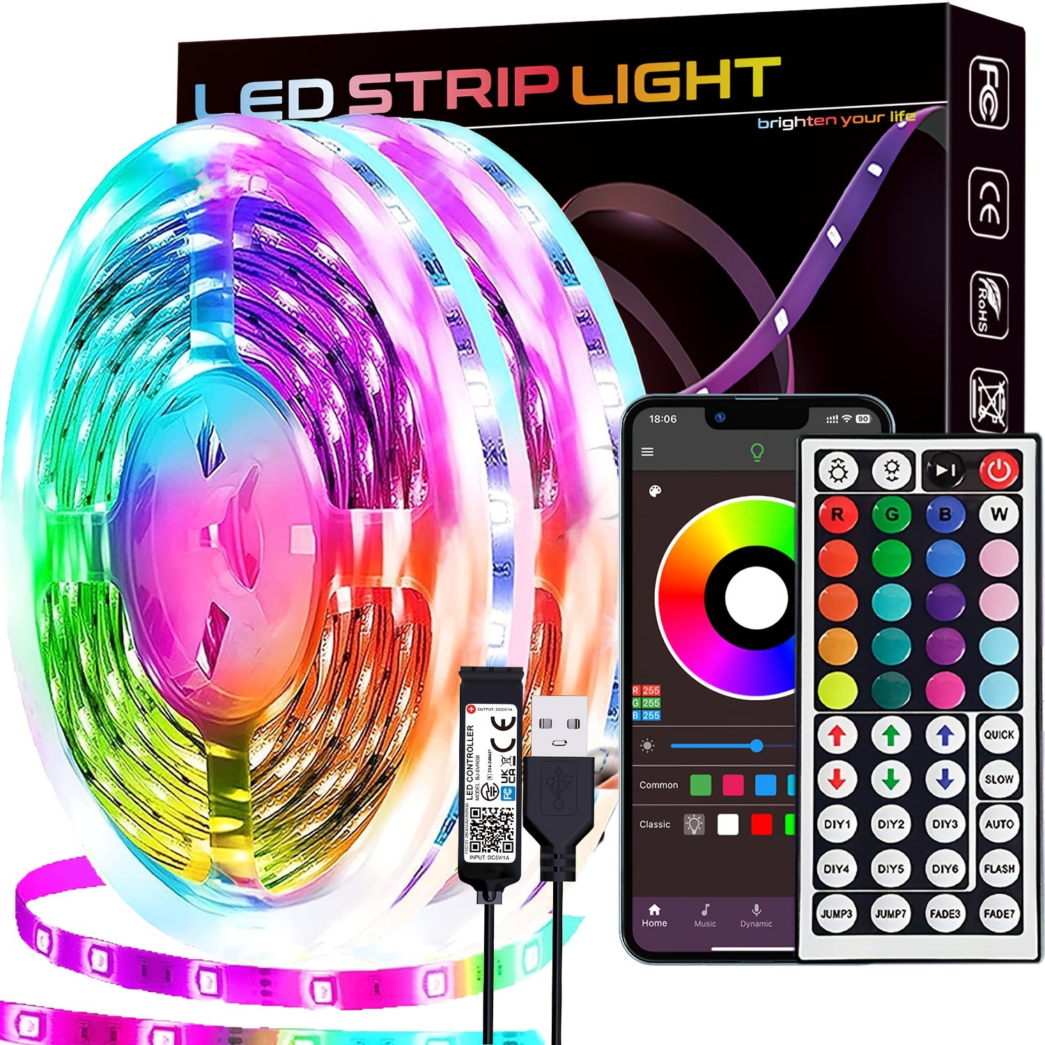 91.44cm-30.48m LED Strip Lights with Music Sync Remote App Control Dimmable Decoration