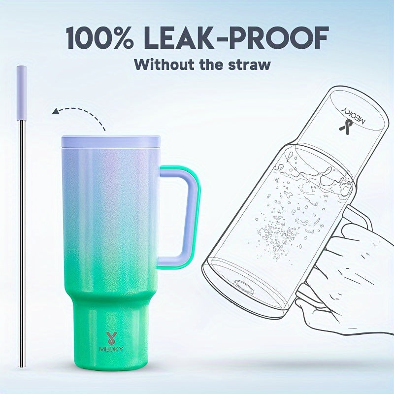 Vaso aislado de acero inoxidable de 40 oz con tapa, pajilla, asa y a prueba de fugas