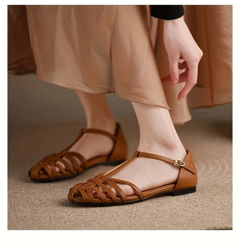 Women’s Beige Synthetic Roman Sandals with Flat Heel and Crisscross Straps