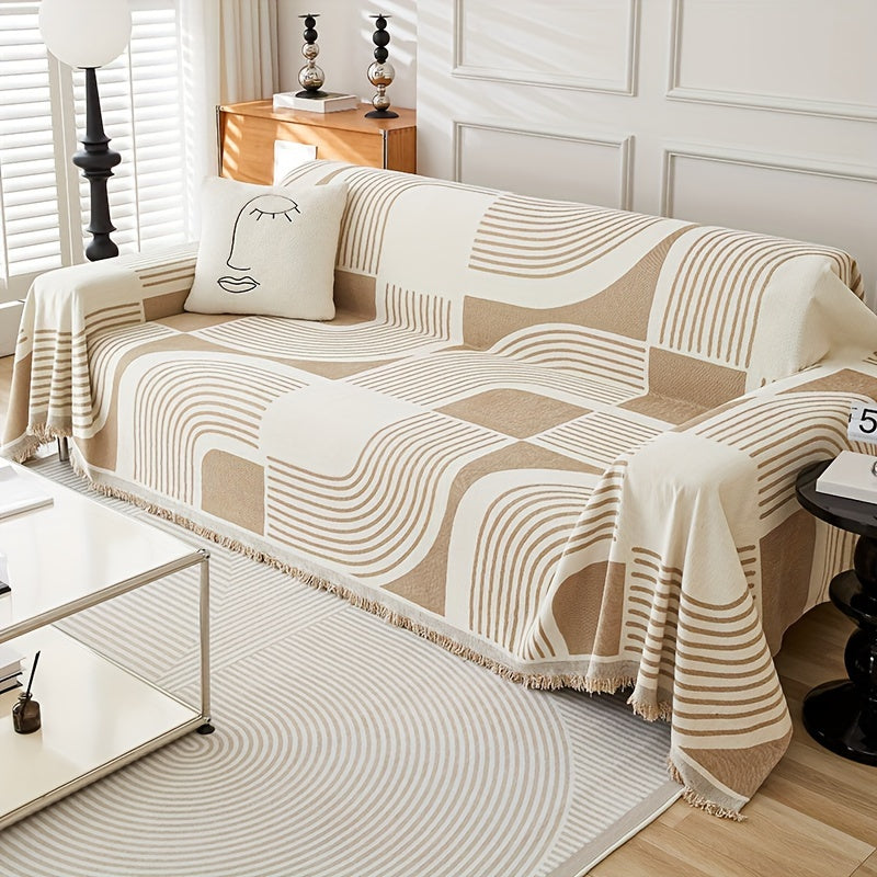 Bohemian Pet-Friendly Sofa Cover with Tassels Non-Slip All-Season for 1-4 Seaters Beige and White Striped