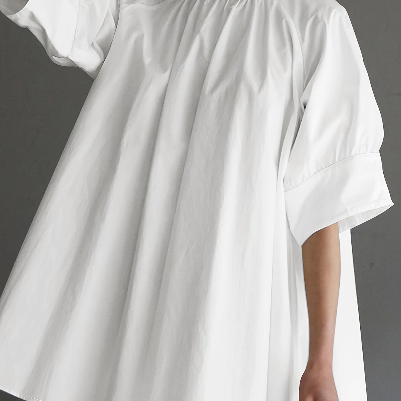 White Women's Casual Woven Cotton Short Sleeve Shirt with Stand Collar