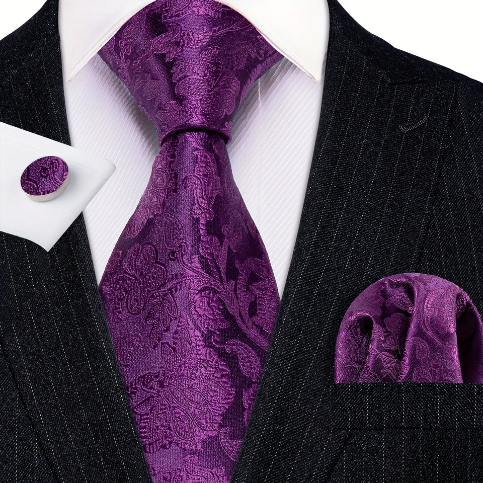 Men's Floral Woven Tie Set with Cufflinks and Handkerchief for Wedding or Formal Events