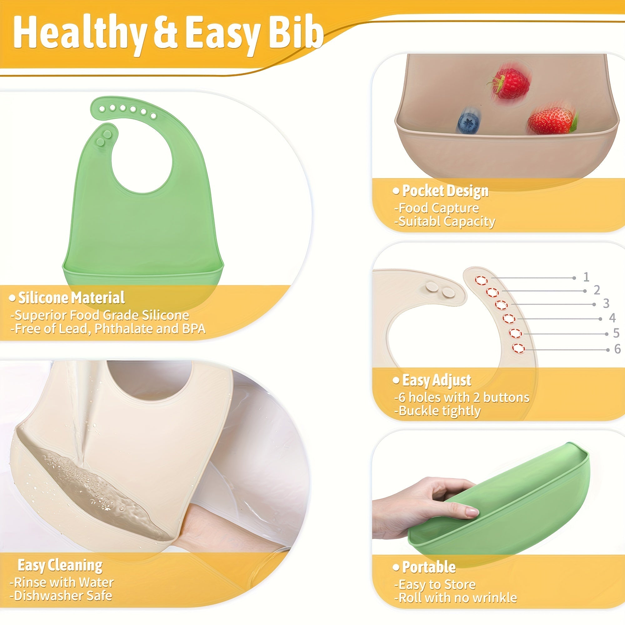 Set of 3 Waterproof Silicone Baby Bibs with Food Catcher and Adjustable Neck for Toddlers