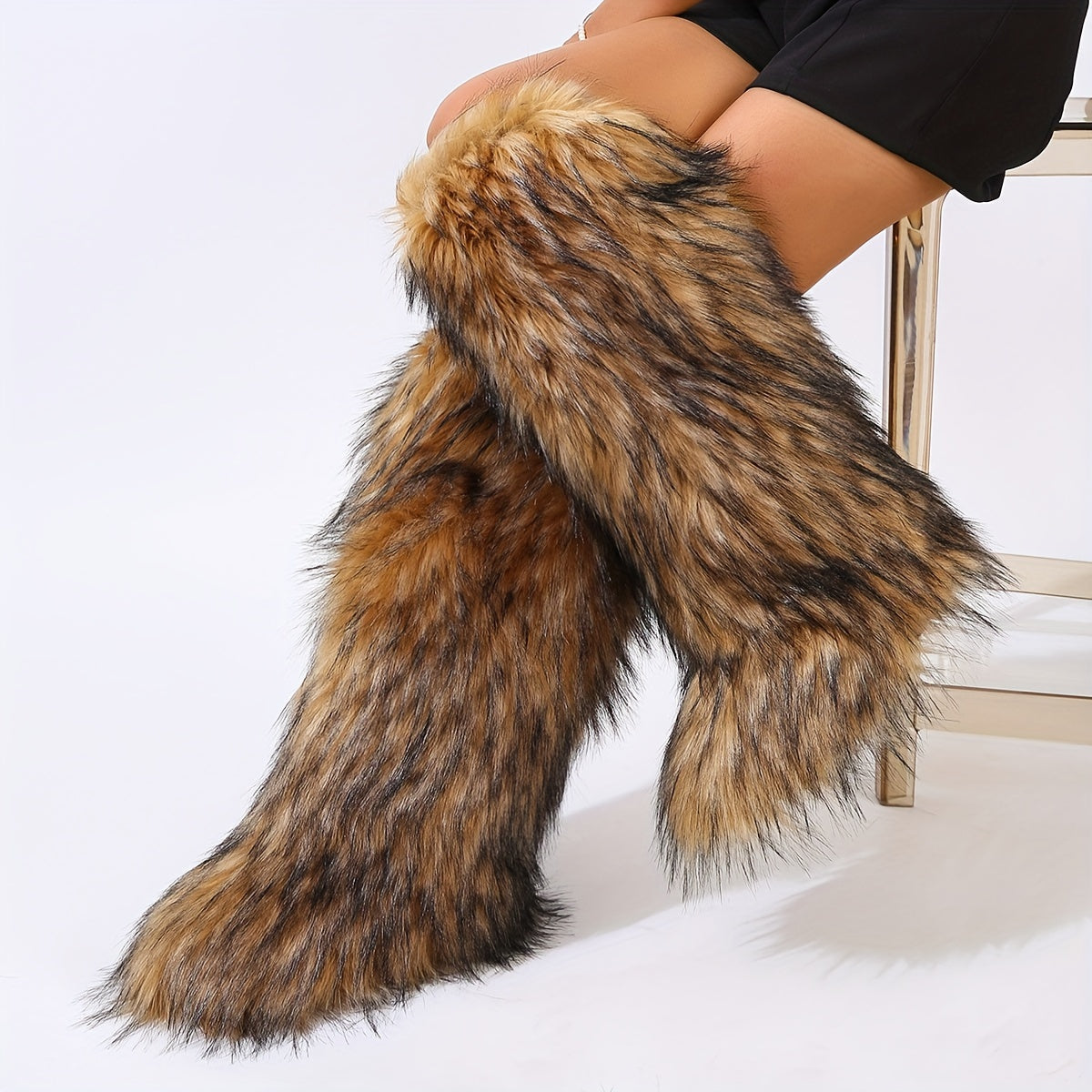 Women's Faux Fur Knee-High Boots with Round Toe Pull-On Flat Heel