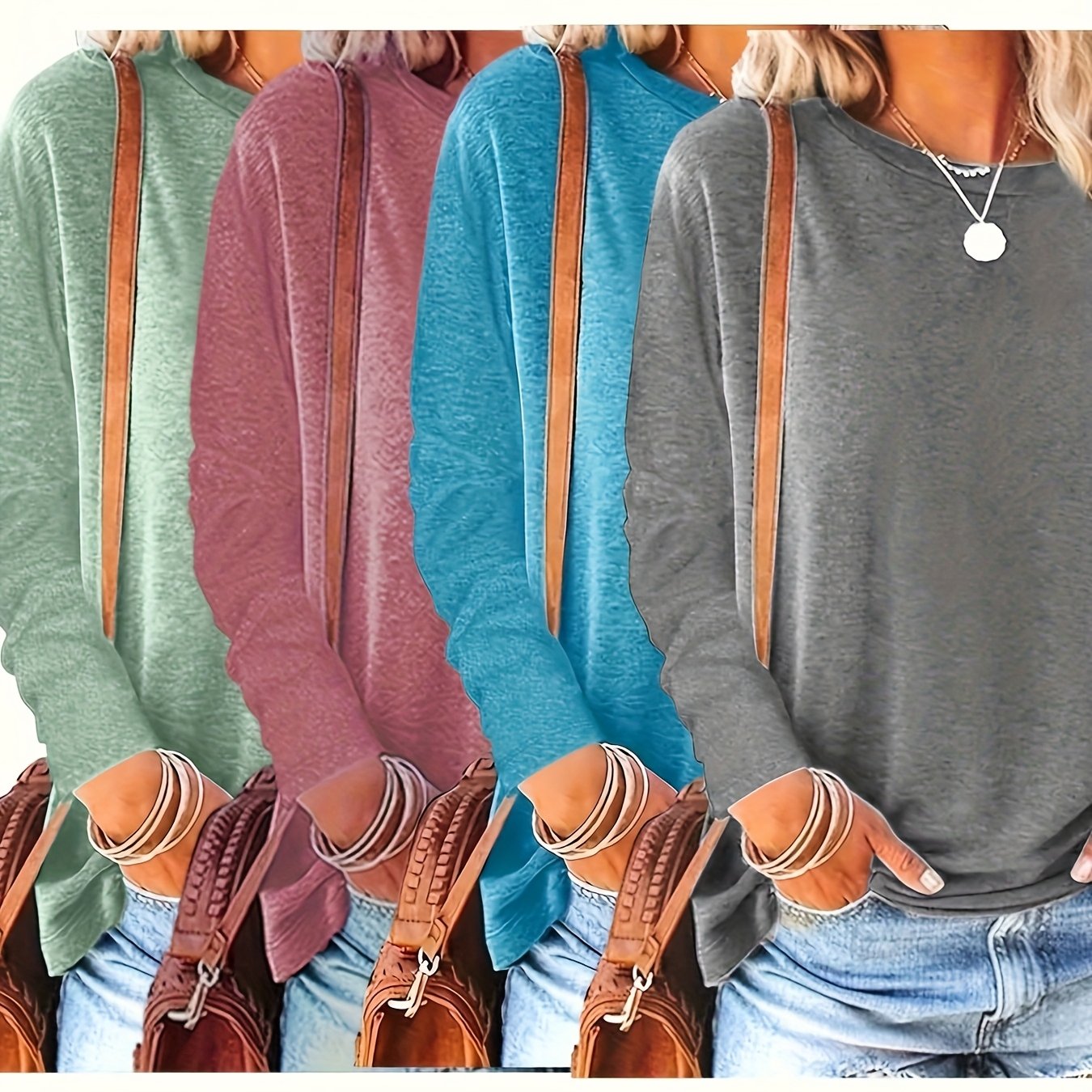 Women's Solid Color Round Neck Long Sleeve Casual Tops for Spring and Autumn