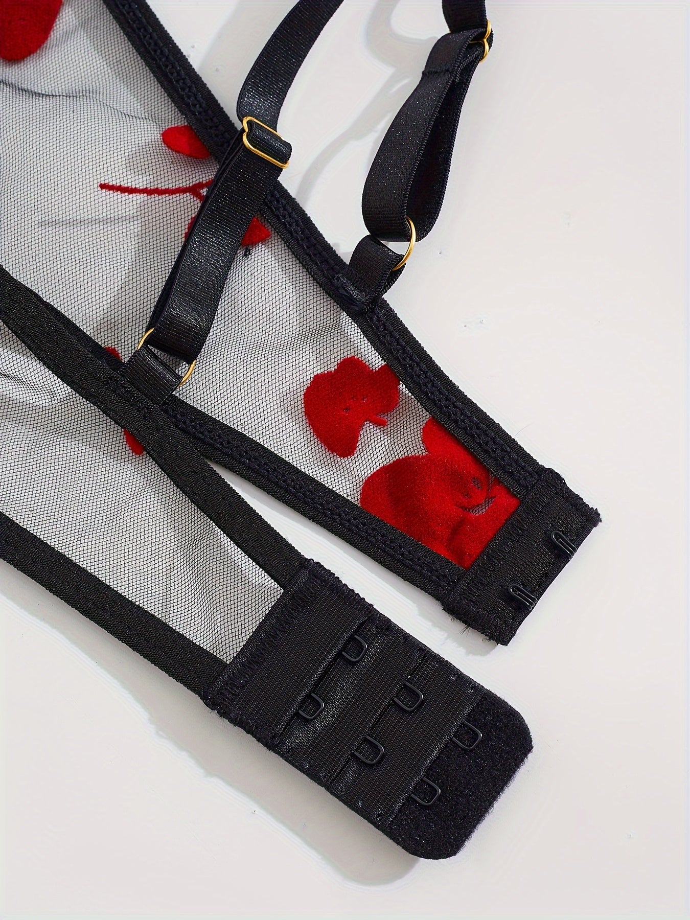 Women's Black and Red Floral Lace Lingerie Set with Bralette and Thong