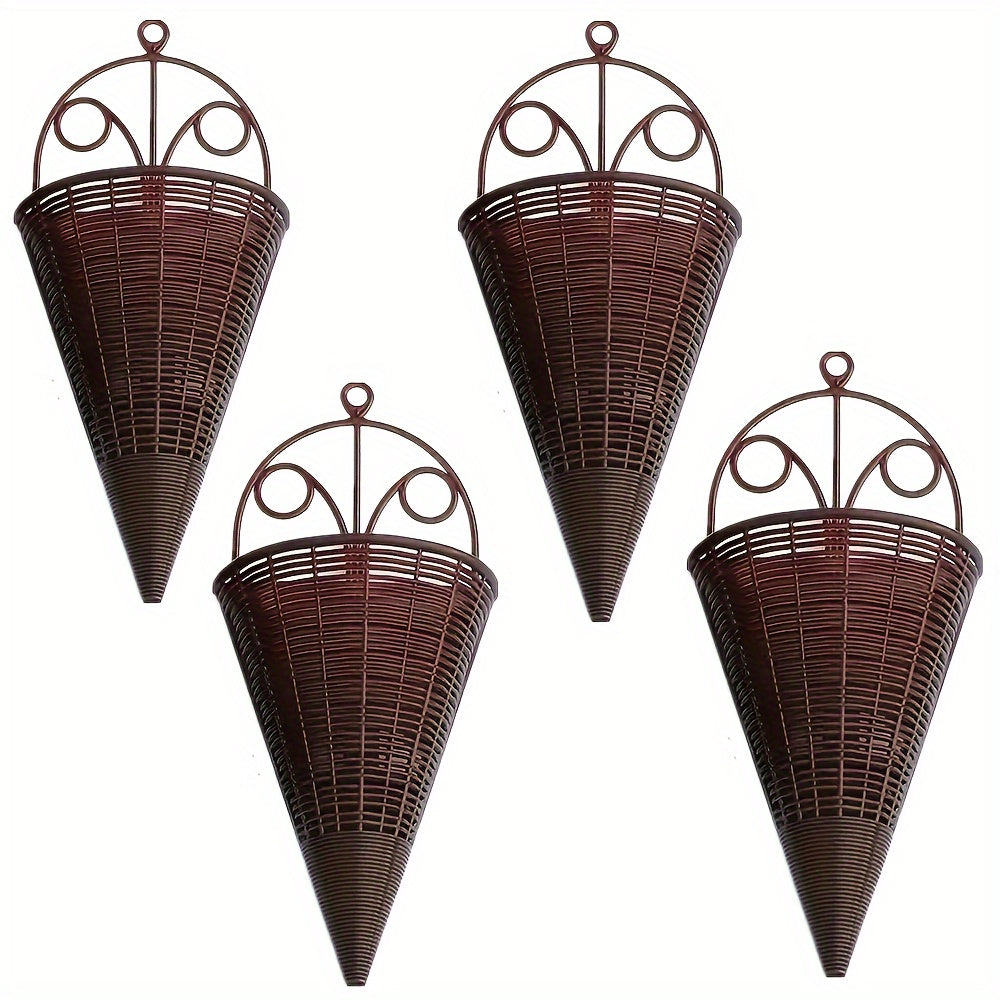Set of 2/4 Woven Rattan Wall Flower Baskets with Triangle Wall Art Indoor Decor