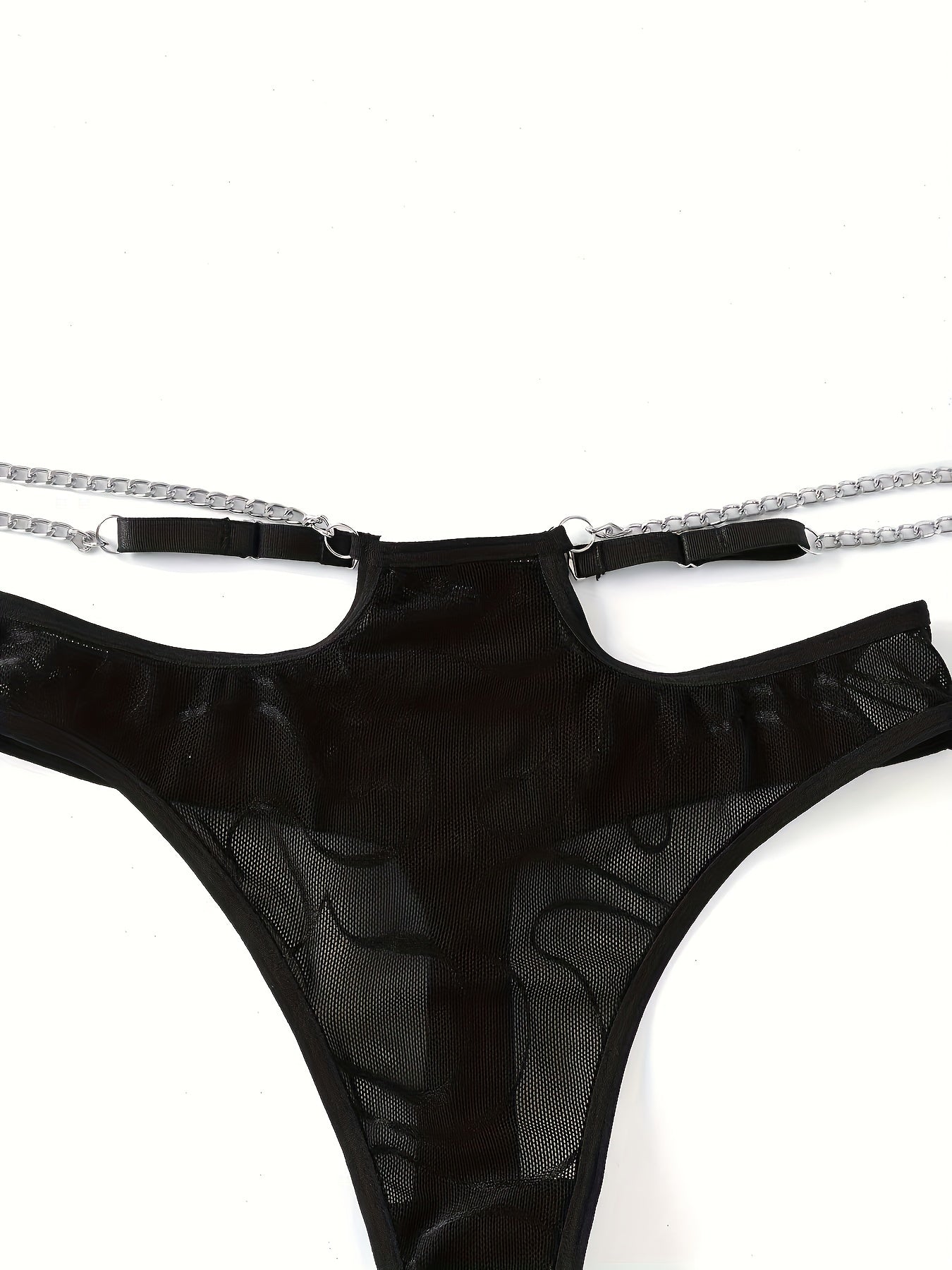 Conjunto de lencería de malla de poliéster para mujer con detalles en contraste y acentos de cadena