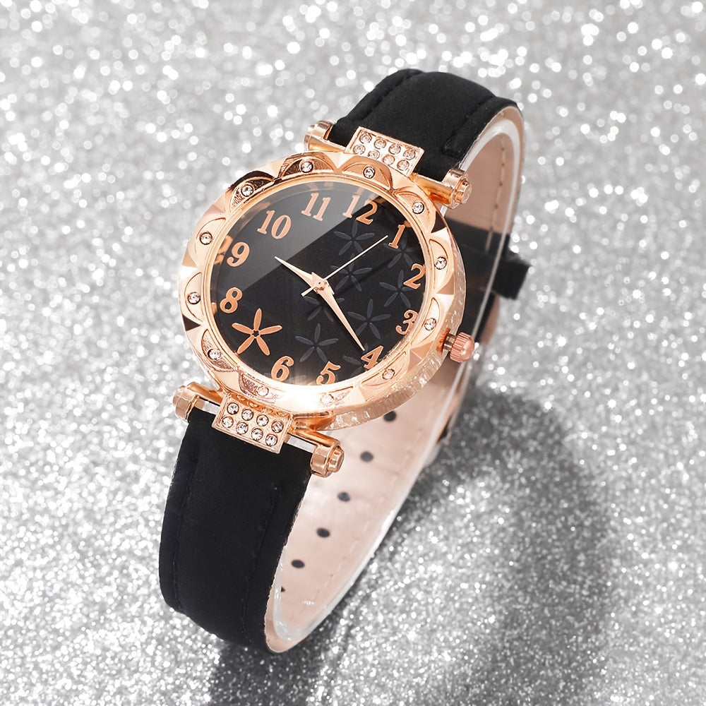 6 ta ayollar moda soatlari va bilakuzuklar to'plami, kvarts, rhinestone, sun'iy charm, gulli qobiq bilan