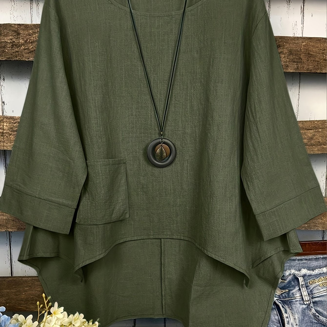 Women's Casual Cotton Crew Neck Blouse with Pocket for Spring Fall