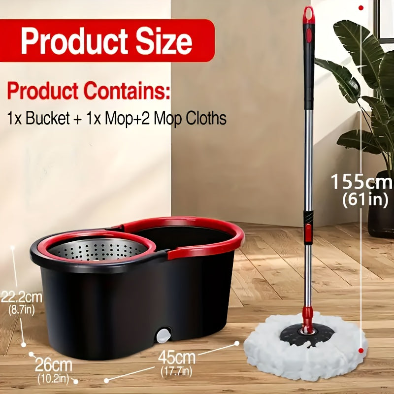 Black Compact 360° Rotating Mop and Bucket Kit with Microfiber Heads