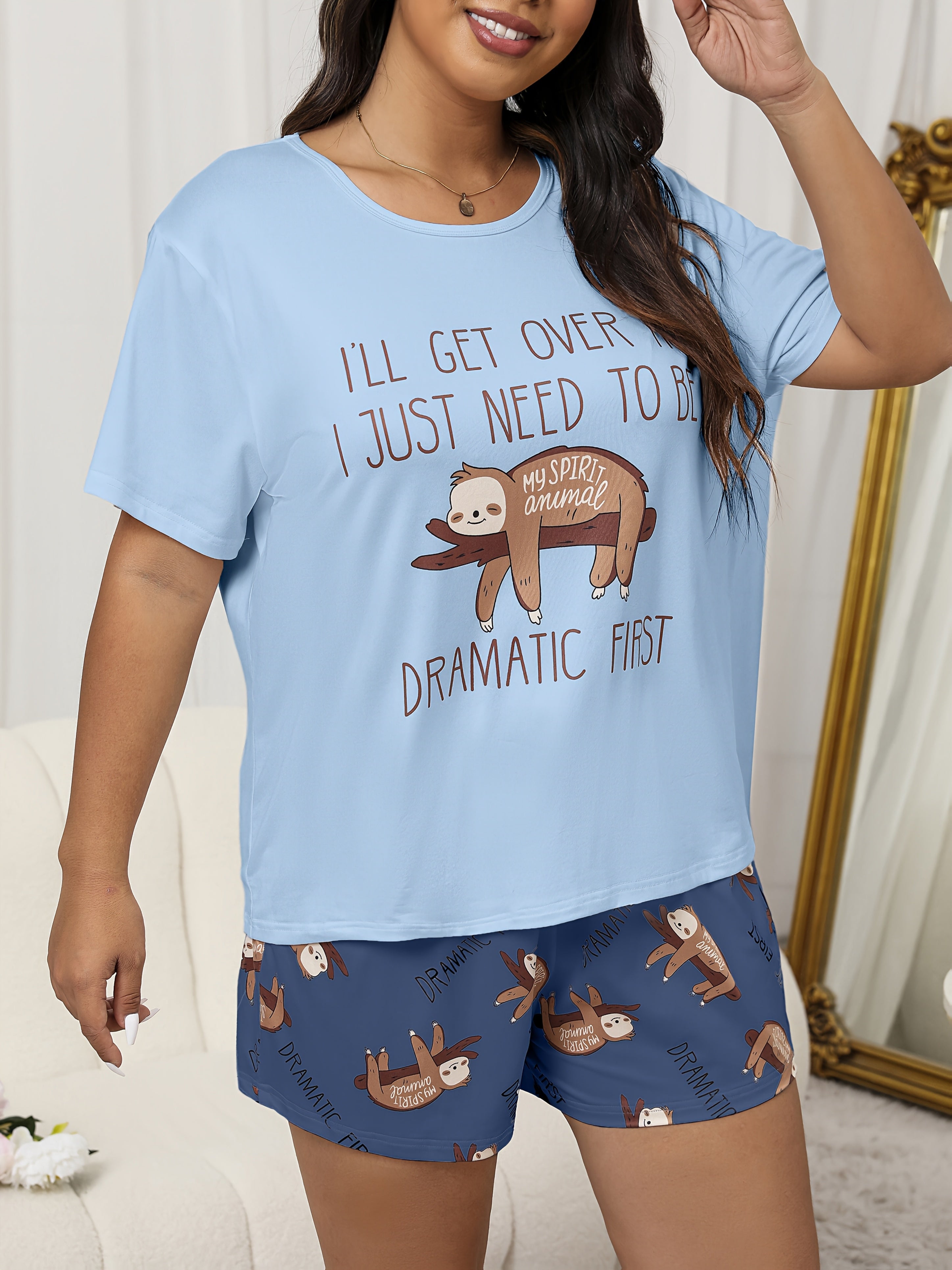 Plus Size Women's Sloth Print Pajama Set Light Blue Short Sleeve Shorts