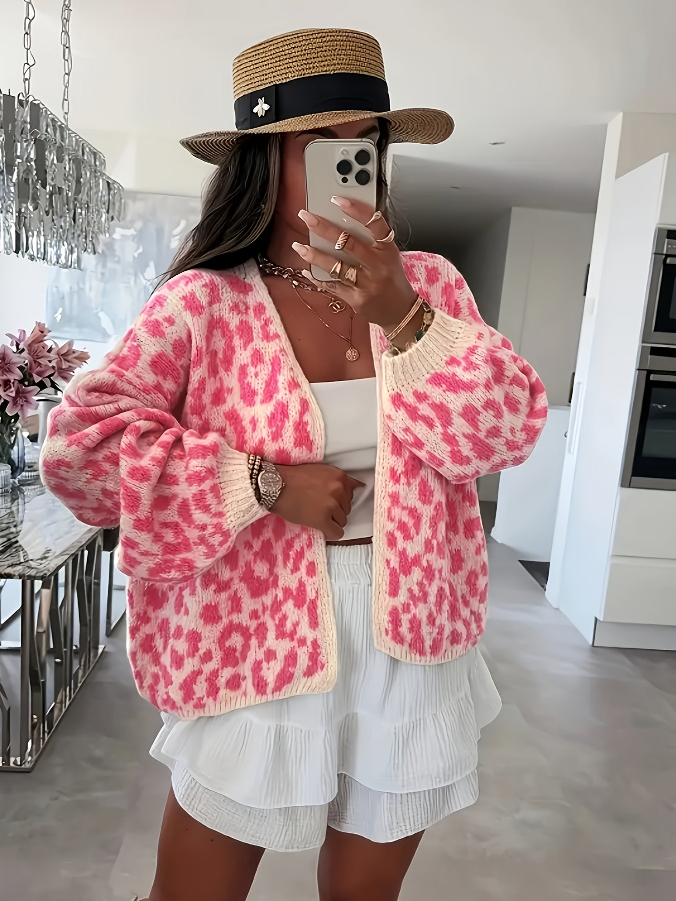 Plus o'lcham ayollar uchun fleece cardigan leopard print gullar ochiq old kiyim