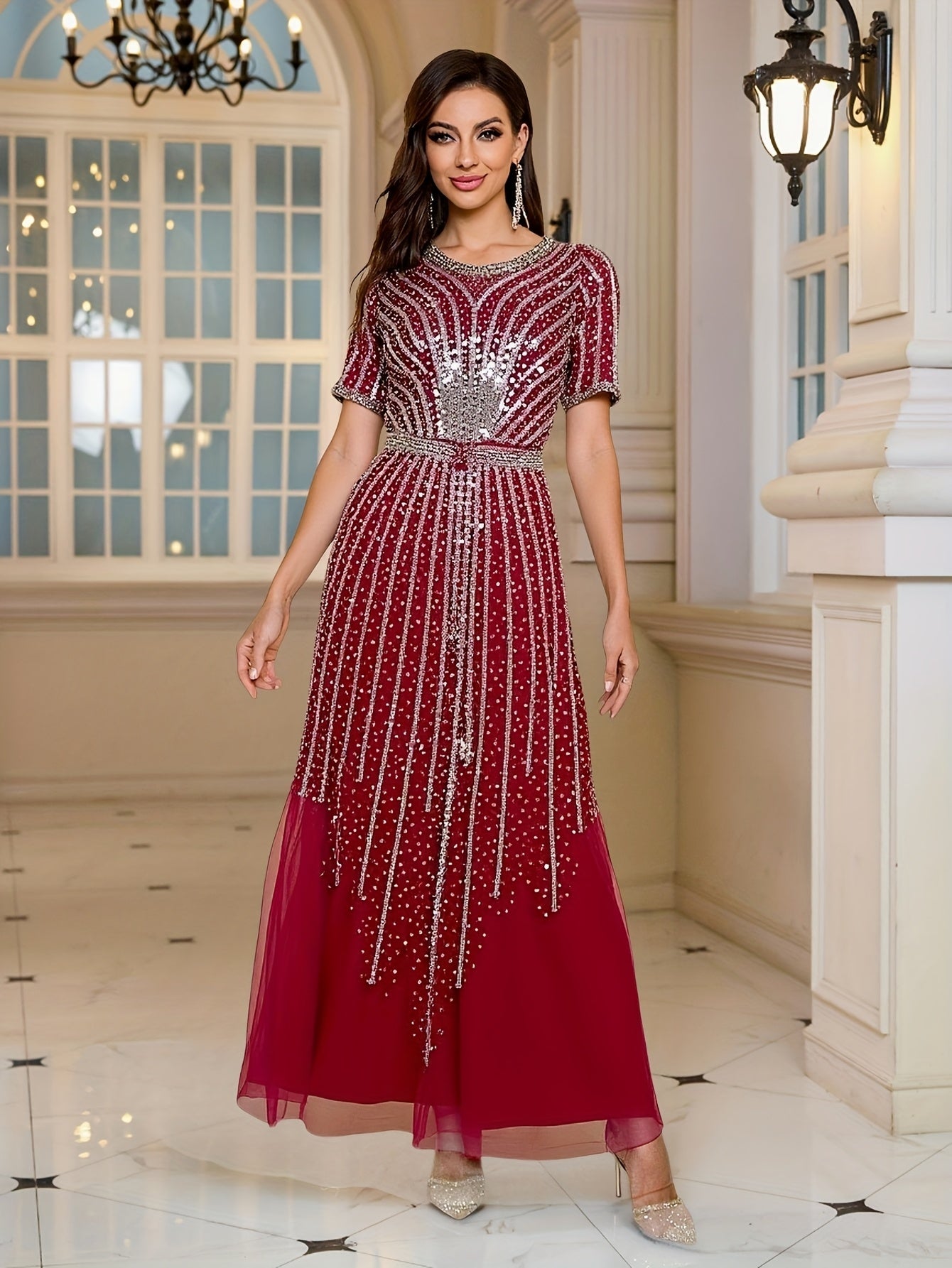 Women's Beaded Striped Long Dress Evening Gown for Weddings and Formal Events