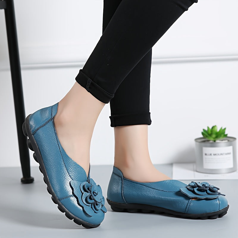 Women's Flower Decor Flat Shoes Solid Color Slip-On Loafers