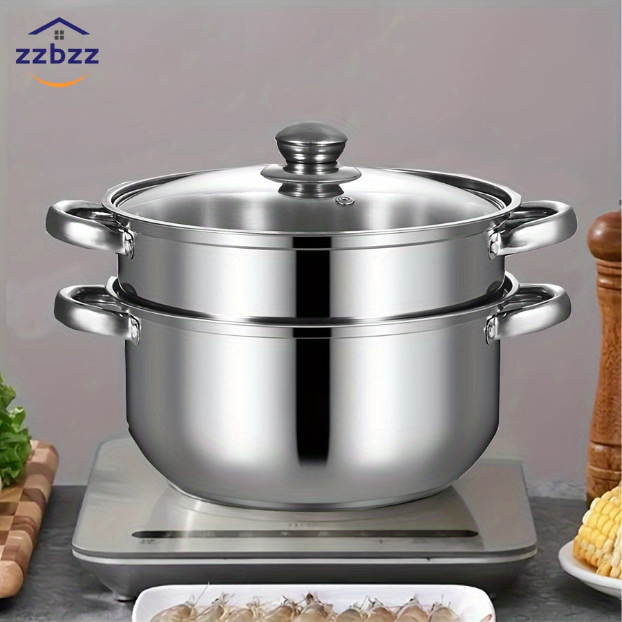 24cm Stainless Steel Steamer Pot Soup Pot Double Layer with Steaming Basket Compatible with Induction Gas Stoves