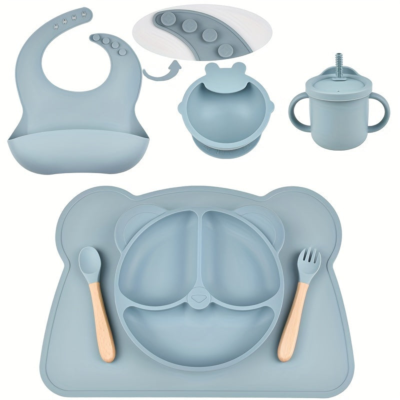 7-Piece Toddler Meal Set Silicone Utensils with Suction Cups and Cartoon Design for Infants