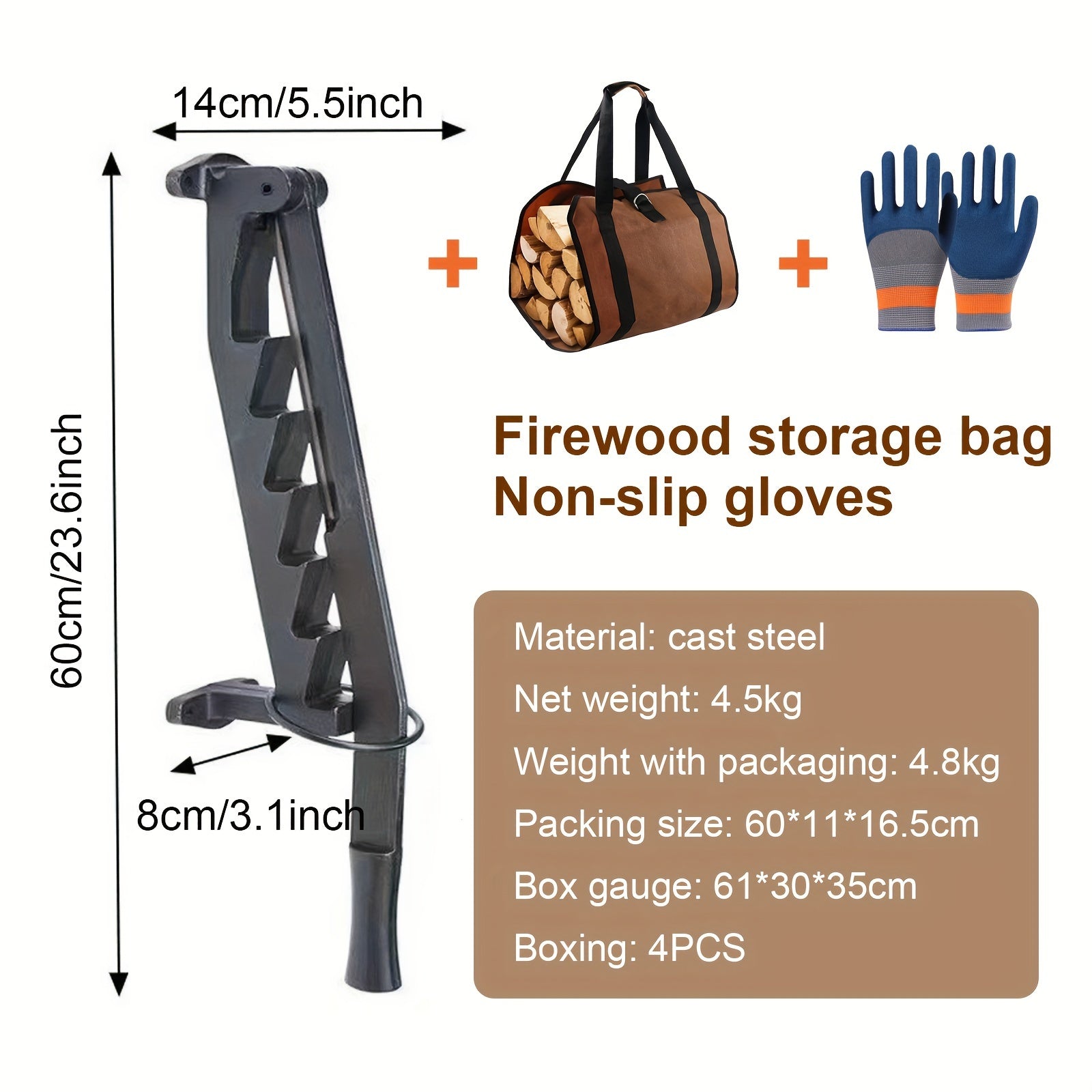 Firewood Splitter Kit Wall Mount Cast Iron with Gloves and Storage Bag