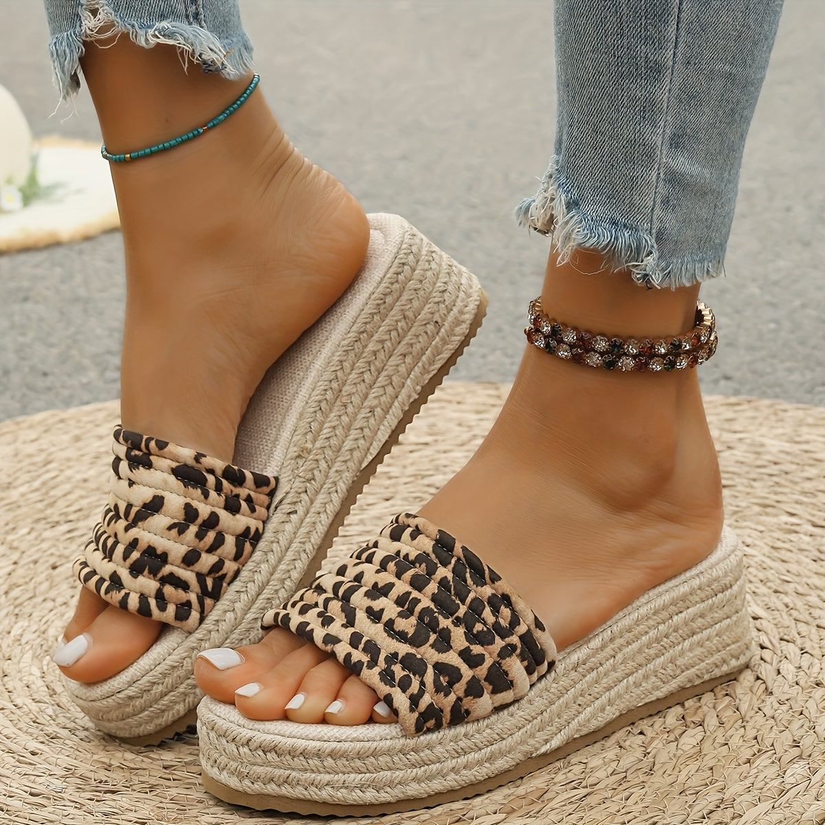 Women Woven Outdoor Slippers Summer Wedge Heels Platform Beach Sandals