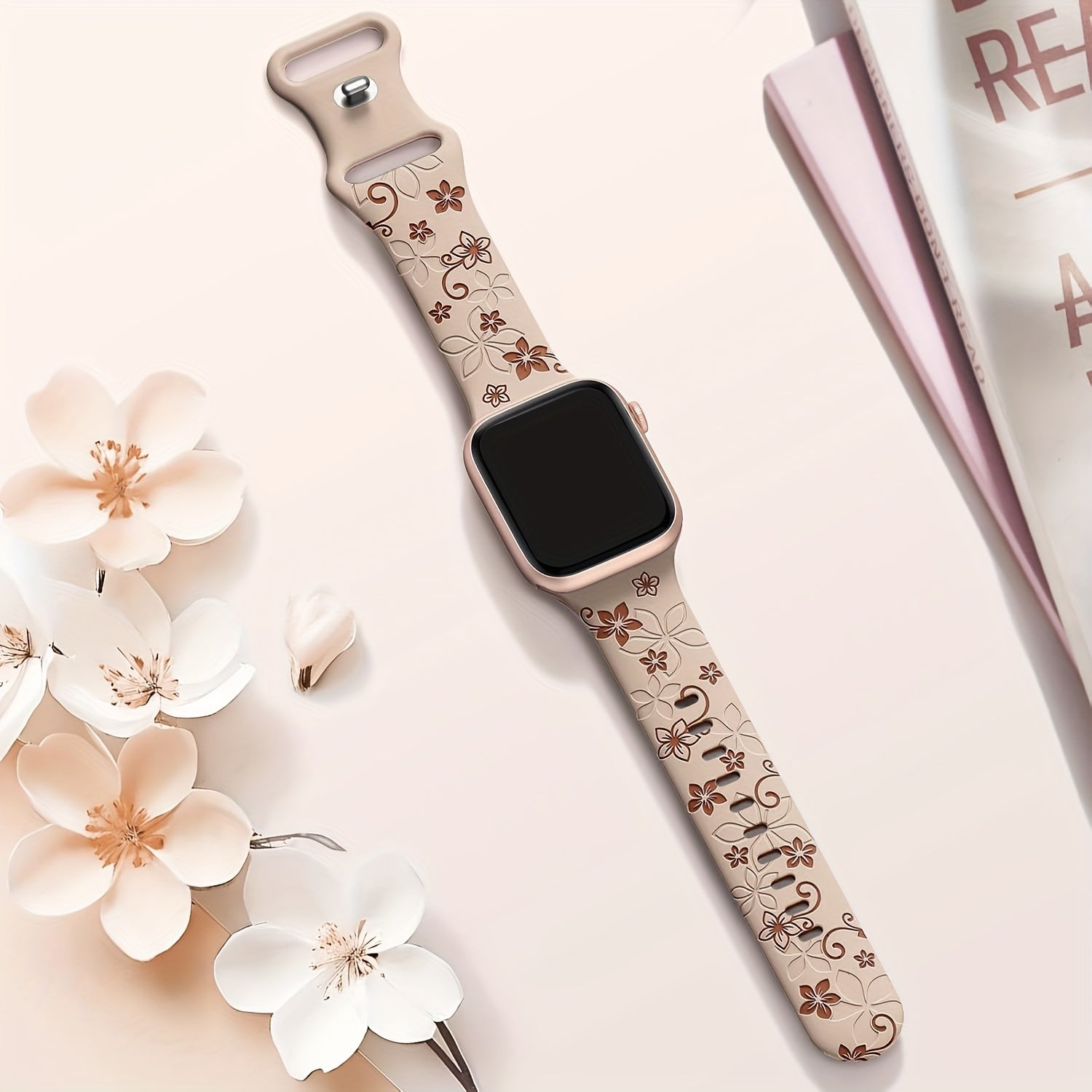 Waterproof Floral Silicone Watch Band with Butterfly Clasp for Apple Watch Series 1-10 SE in Multiple Colors