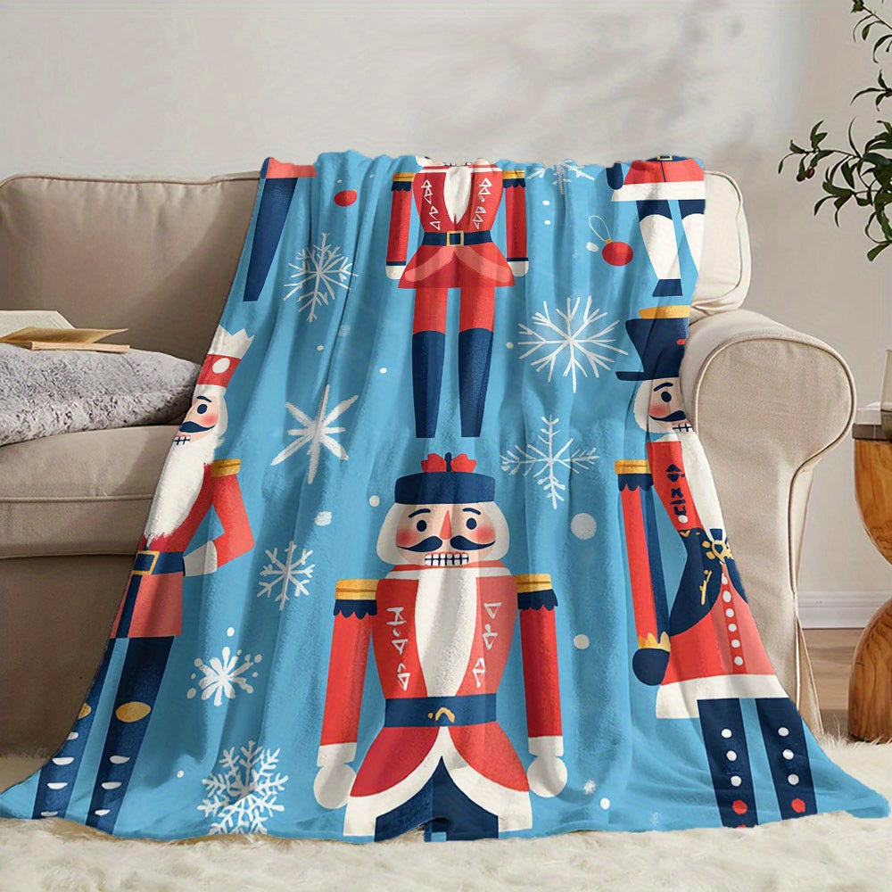 Quilted Polyester Flannel Throw Blanket with Cartoon Nutcracker Pattern for All-Season Use